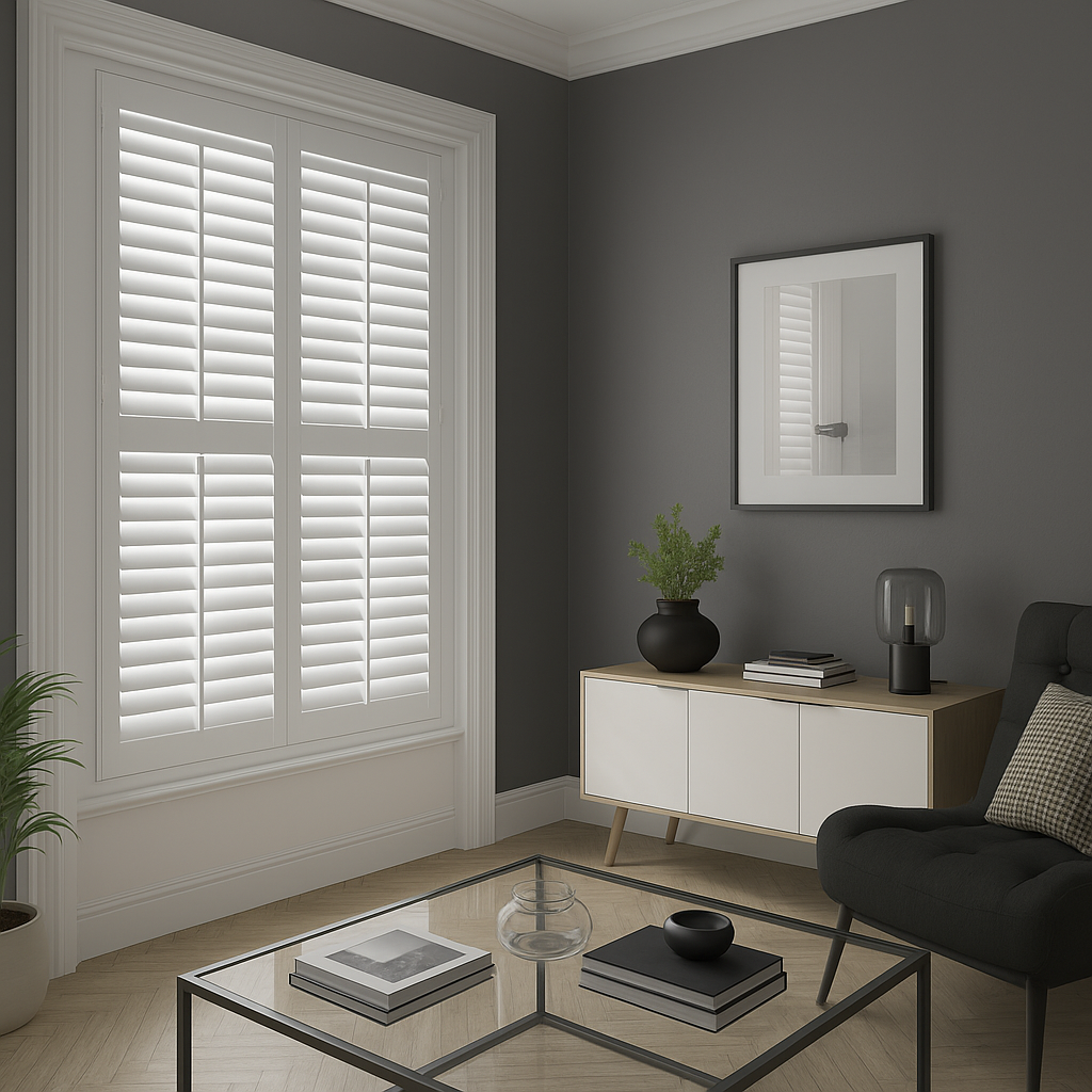 White Full Height Plantation Shutters – Chester White full height plantation shutters installed in a modern Chester living room