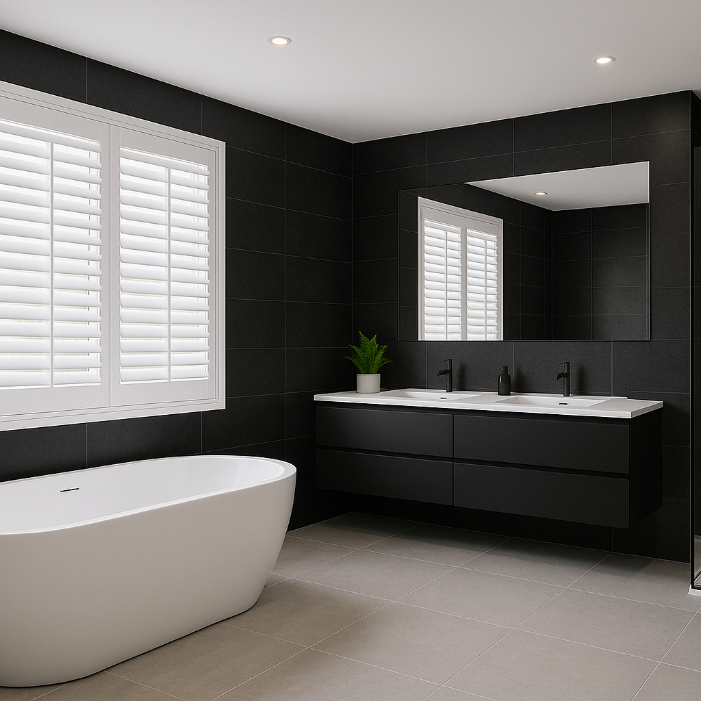 Waterproof Bathroom Plantation Shutters – Chester Waterproof plantation shutters installed in a modern bathroom in Chester